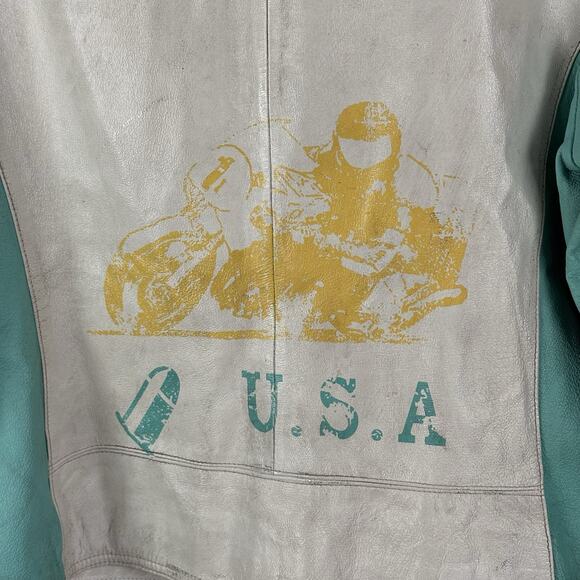 Vintage Wilson's Women’s Leather Jacket Cafe Distressed Aqua Blue USA Sz XL Rare - Picture 6 of 10